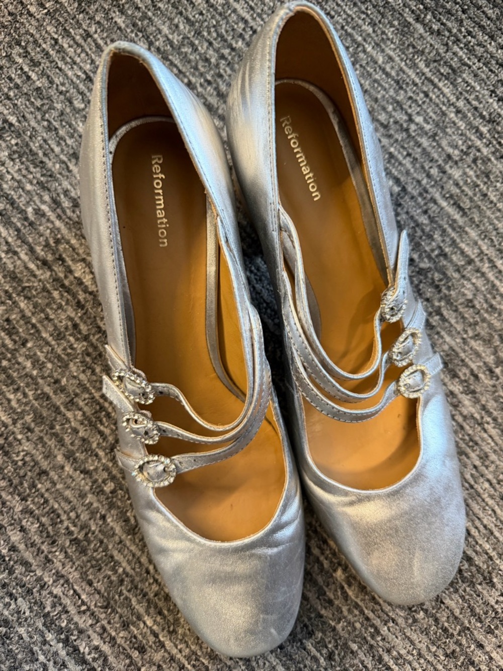 Reformation Silver Triple-Strap Mary Jane Heels